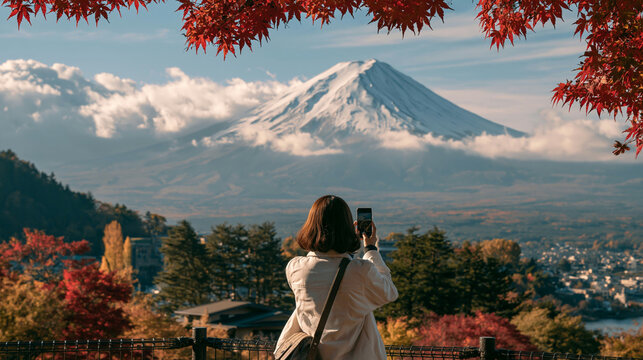 a woman standing on a hilltop, taking a photograph of a majestic mountain with a snowcapped peak. She wears a white jacket and carries a camera, indicating she is a tourist.
