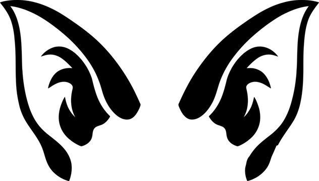 Isolated black and white graphic illustration of pointed elf ears