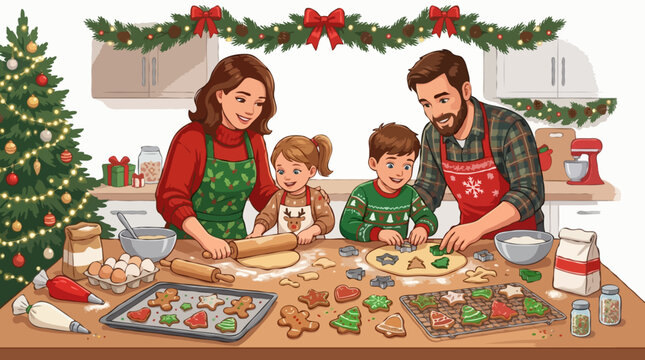 A happy family baking Christmas cookies together in a festive kitchen. A decorated Christmas tree stands in the corner, and the room is adorned with holiday garland