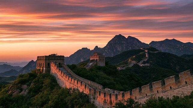 a vivid portrayal of the Great Wall of China at sunset. The sky is a gradient of orange, pink, and purple, with the sun casting a warm glow over the landscape. The Great Wall.