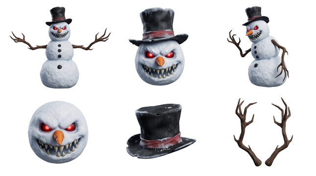 Set of evil snowman characters with hats, glowing red eyes, sharp teeth, and branch arms for winter horror isolated on a transparent background