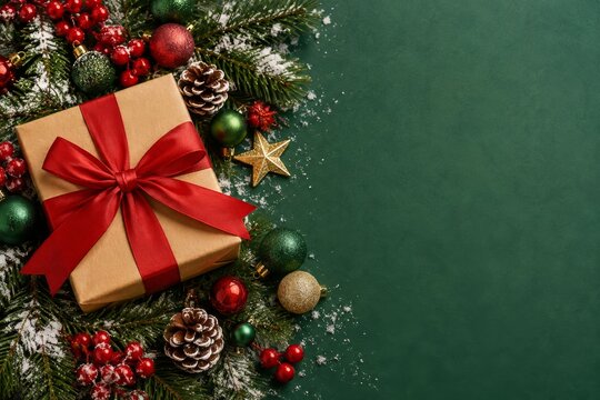 Christmas Gift Box with Red Ribbon and Festive Decorations on Green Background