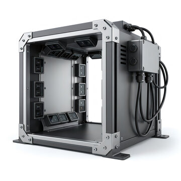 Industrial multi-camera vision inspection box system with aluminum frame and wiring control unit isolated on white background