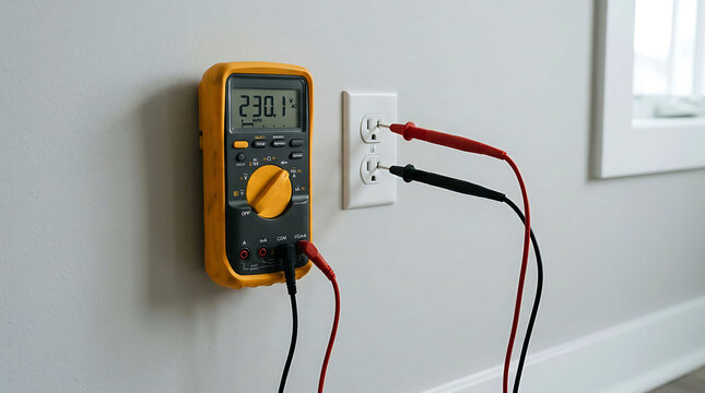 Multimeter measuring electrical voltage from a wall outlet in a home