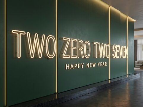 Modern interior wall with glowing neon sign text saying two zero two seven happy new year