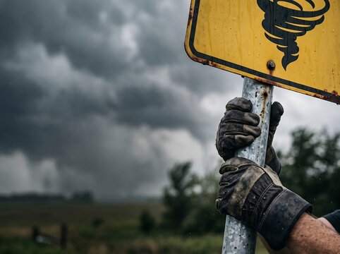 Gloved hands holding a tornado warning sign during a severe storm