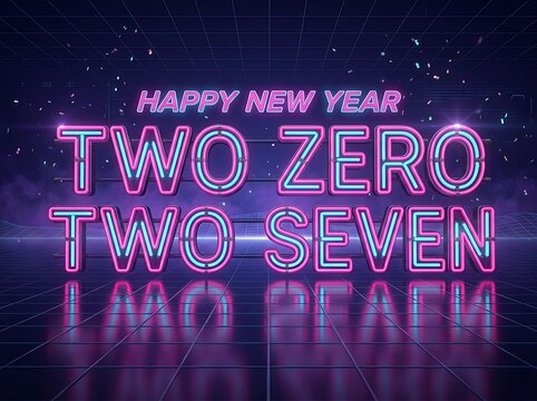 Neon glowing happy new year 2027 sign on a retro futuristic digital grid background