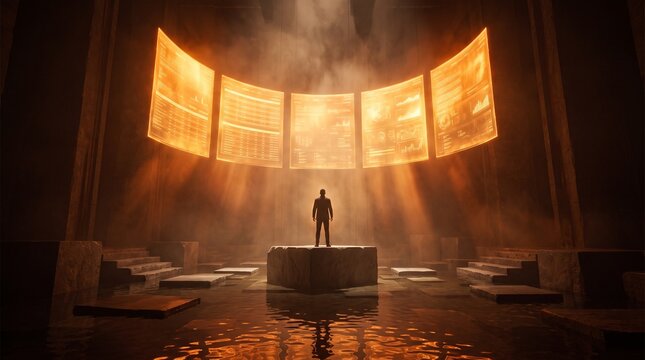A lone figure stands before five glowing ancient texts in a grand, mysterious chamber, illuminated by ethereal light.