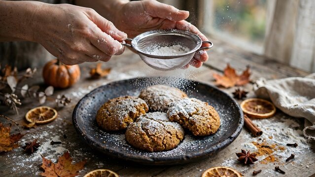 Sweet cookie dessert preparation dusting with powder sugar