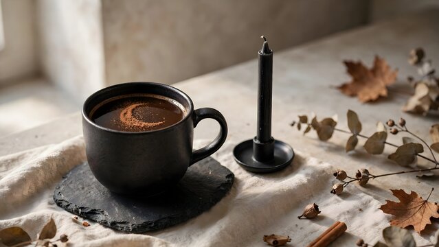 Warm drink and candle for cozy autumn ambiance and relaxation