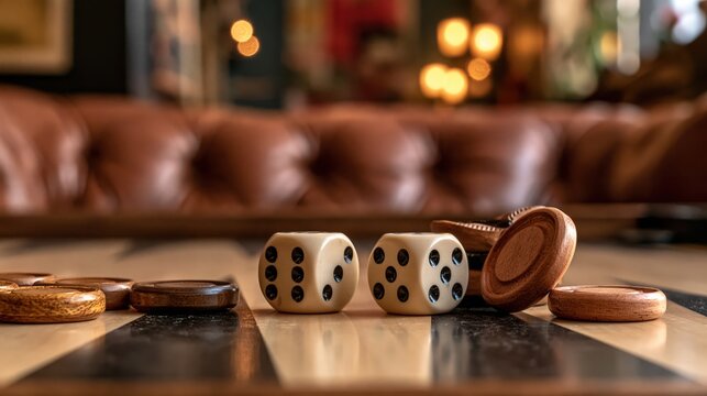 Backgammon board with dice and checkers at a cafe, detailed view