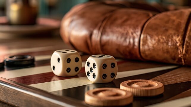 Backgammon board with dice and checkers at a cafe, warm composition