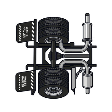 Top down vector illustration of a heavy-duty commercial truck rear chassis featuring dual wheels, drivetrain, differential, exhaust system, and waste hauler mudguards for industrial design.