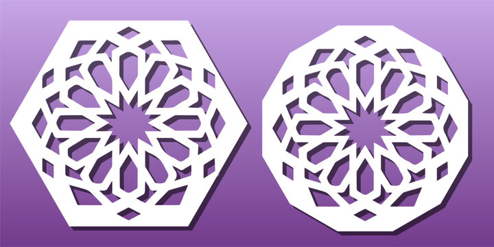 Laser cut coaster, islamic moroccan ornament. Stencil for cutting, engraving or carving, vinyl, wood, paper craft. Vector template, home decor element, polygonal shape coaster set
