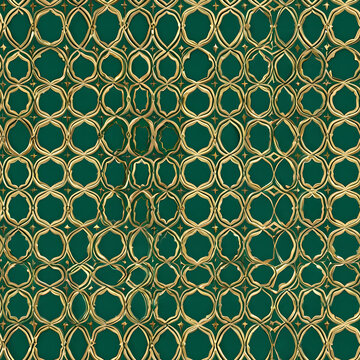 Emerald Green and Champagne Gold Moroccan Tile Ornament Seamless Pattern
