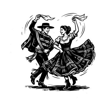 Traditional South American couple performing vibrant folk dance wearing native costumes in black white illustration style