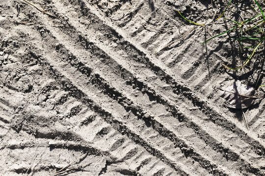 Deep vehicle tire tracks in sand. Parallel wheel tread impressions on soil. Dry sandy ground with rough texture. Outdoor dirt road surface detail. Transport and offroad travel background.