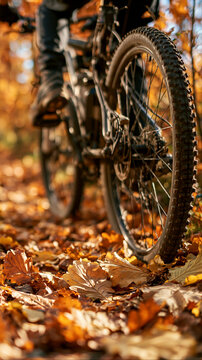 a person riding a mountain bike on a forest floor covered in autumn leaves. The persons legs are visible, and they wear dark pants and boots. The bicycles front wheel is in focus.