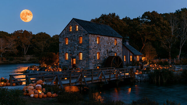 a rustic stone building with a sloping roof, illuminated by warm, amber light. The building is situated beside a calm body of water, with a wooden bridge leading to it.