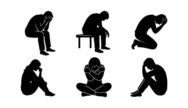 Sad people silhouettes showing various poses of grief depression mental health and emotional pain
