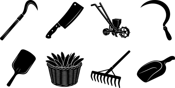 Black silhouette vector set of traditional farming tools, harvesting equipment, and agricultural implements