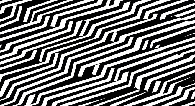 Abstract Black and White Pattern: A striking abstract pattern created from repeating black and white diagonal stripes with stepped segments, generating a visually dynamic and graphic effect.