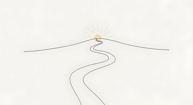 The Winding Path to Sunrise: A minimalist illustration depicts a winding path leading towards a radiant sunrise, symbolizing hope, new beginnings, and the journey of life.