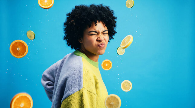 Young person making exaggerated sour face with citrus slices floating around, bright studio lighting
