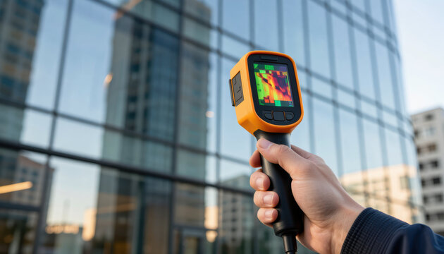 Building energy audit thermal camera glass facade hand holding infrared imaging commercial building energy efficiency office tower inspection tool heat map