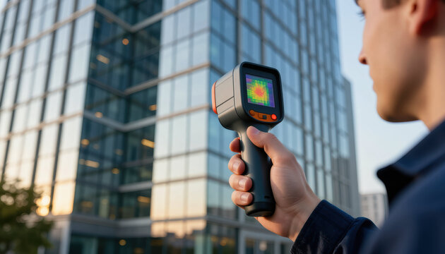 Commercial building thermal camera hand man glass facade office tower urban inspection technology exterior architecture building infrared engineer survey property facade window modern high rise