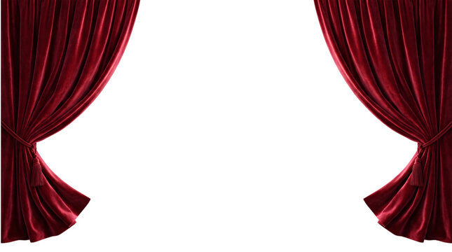Partially open red velvet stage curtains isolated on transparent png