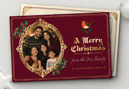 Victorian Christmas Photo Postcard Template, Vintage Family Greeting Card with Ornate Oval Frame, Holly & Robin