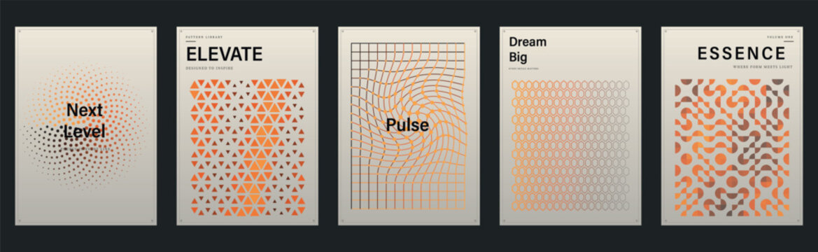 Modern minimalist graphic design posters featuring vibrant orange geometric patterns and typography against light backgrounds