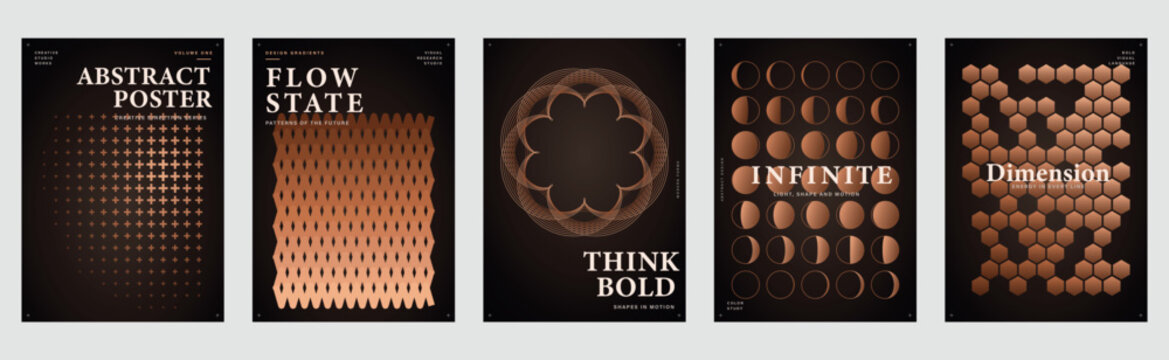 Minimalist abstract posters collection featuring elegant geometric patterns and typography on dark brown backgrounds