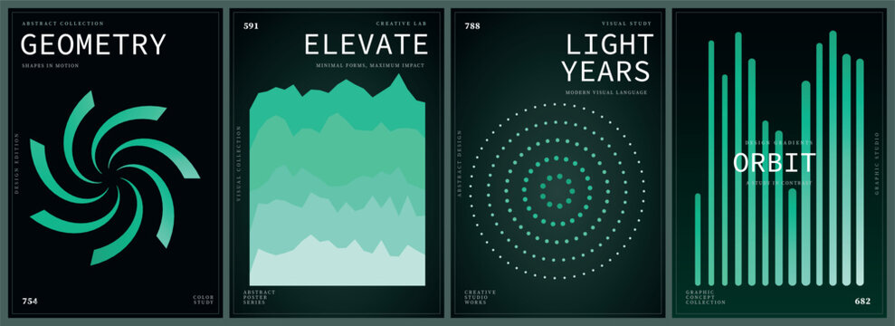 Modern minimalist abstract vector poster collection featuring geometric shapes and teal gradients on dark backgrounds