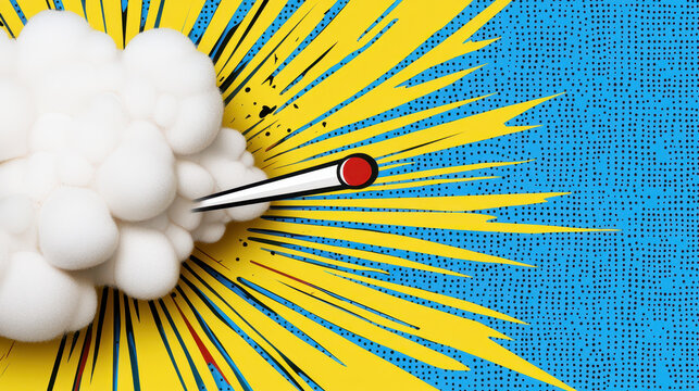 Vibrant pop art explosion with white cloud and yellow rays on blue background evokes excitement and energy