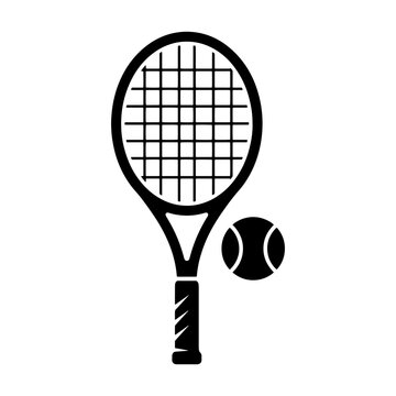 Black tennis racket and ball silhouette graphic symbol isolated on clean white background