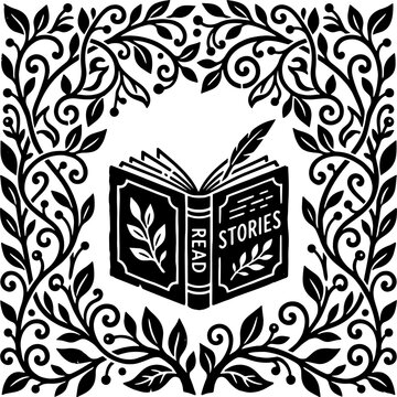 Open book surrounded by intricate decorative floral leaf vine borders in stark black and white