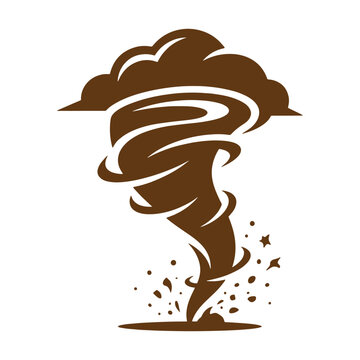 Powerful brown tornado spinning violently beneath dark stormy clouds during severe weather natural disaster