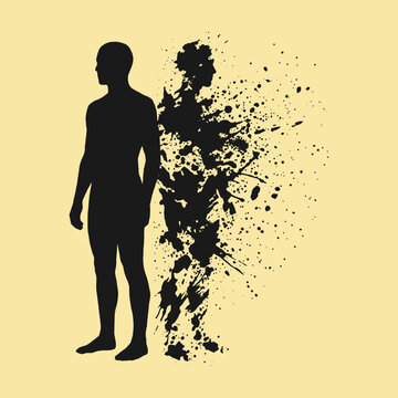 Human silhouette transforming into chaotic black ink splashes against soft yellow background graphic design
