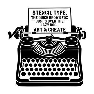 Vintage typewriter silhouette displaying stencil typography with classic paper sheet loaded inside mechanical device