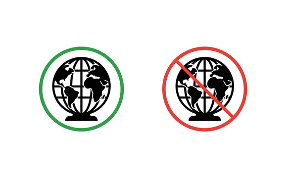 Green check and red prohibition sign over globe planet icons flat vector