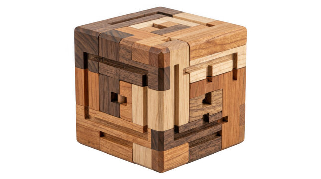 Wooden cube puzzle with interlocking pieces isolated on transparent background