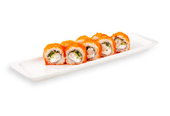 Five sliced sushi rolls with orange topping, rice, seaweed and filling arranged on a white rectangular plate isolated against a white background © Кирилл Горшков