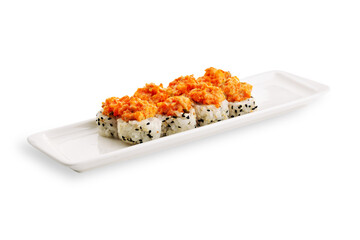 Sushi rolls topped with orange roe and sesame seeds arranged on a long white rectangular plate isolated against a clean white background food presentation © Кирилл Горшков