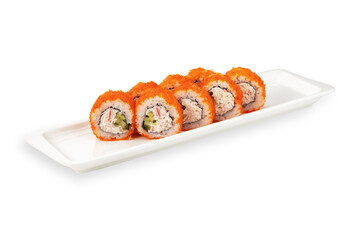 Four pieces of orange coated sushi roll with rice, filling, and seaweed arranged on a white rectangular serving plate against a clean white background © Кирилл Горшков