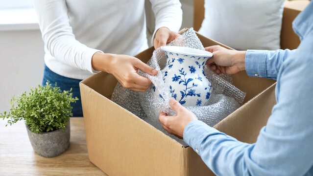 People packing a fragile ceramic vase into a cardboard box