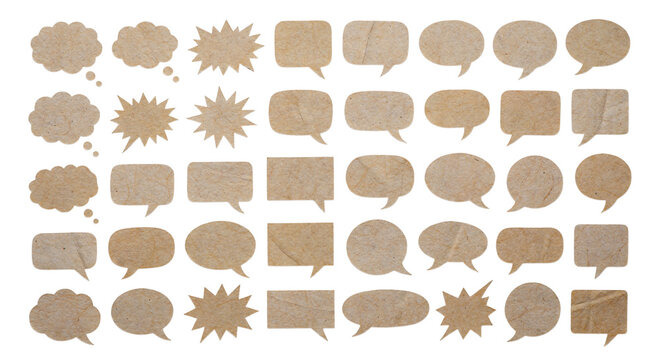 Set of various empty speech bubbles made of recycled craft paper isolated on transparent background