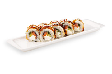 Sushi rolls with rice, seaweed, fish, vegetables, and sesame arranged on a rectangular white serving plate isolated against a clean white background © Кирилл Горшков