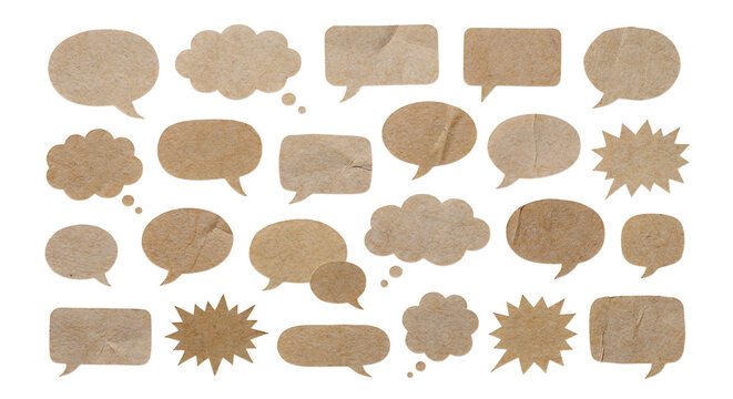 Set of various empty speech bubbles made of recycled brown paper isolated on transparent background